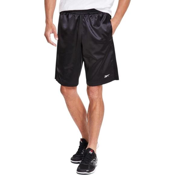 Reebok Men's Black Regular-Fit Mesh-Panel Satin Basketball Athletic Shorts | NEW - Picture 1 of 8